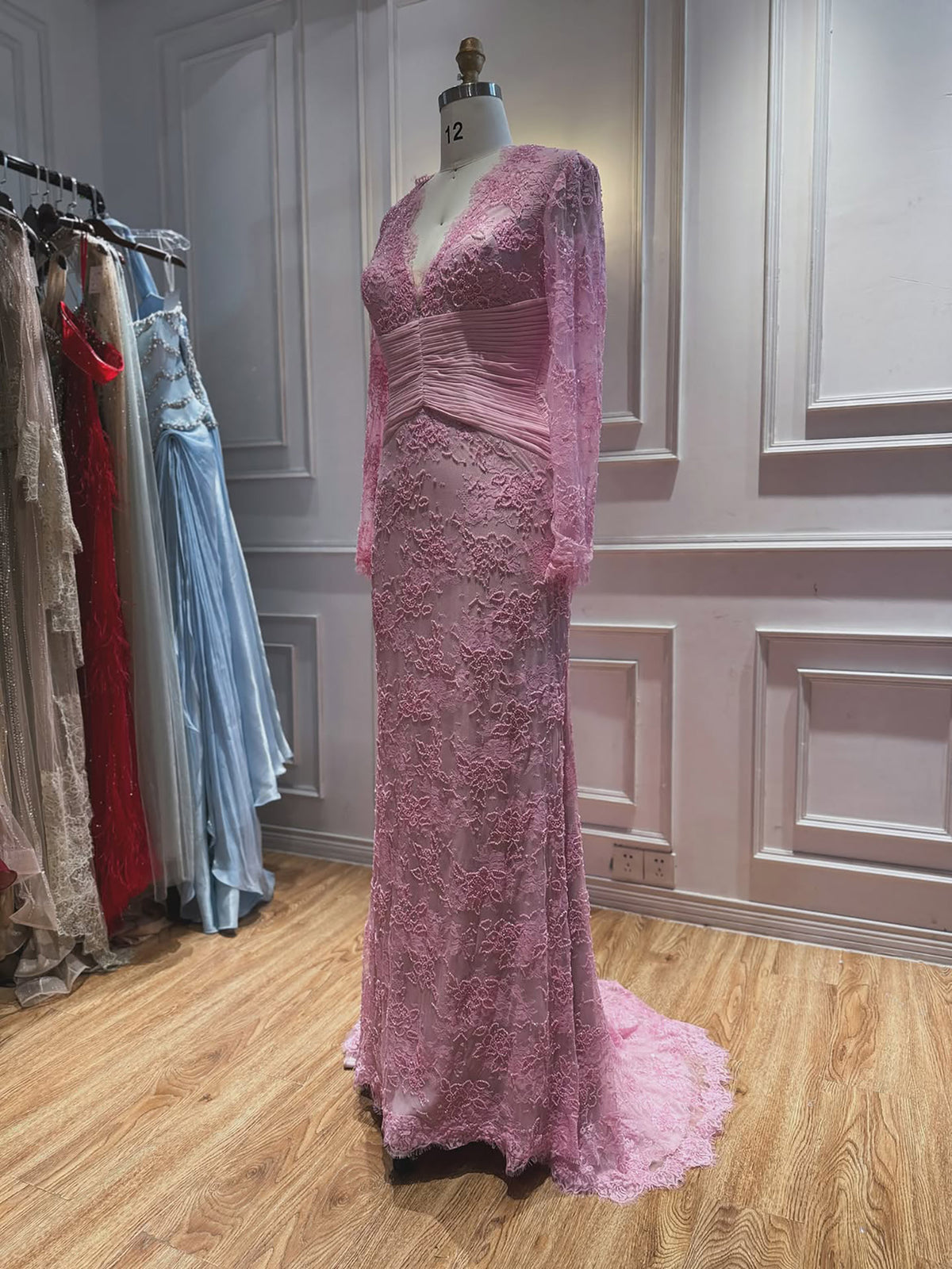 Luxury Wine Red Lace Mermaid Long Sleeve Evening Dress LA73720