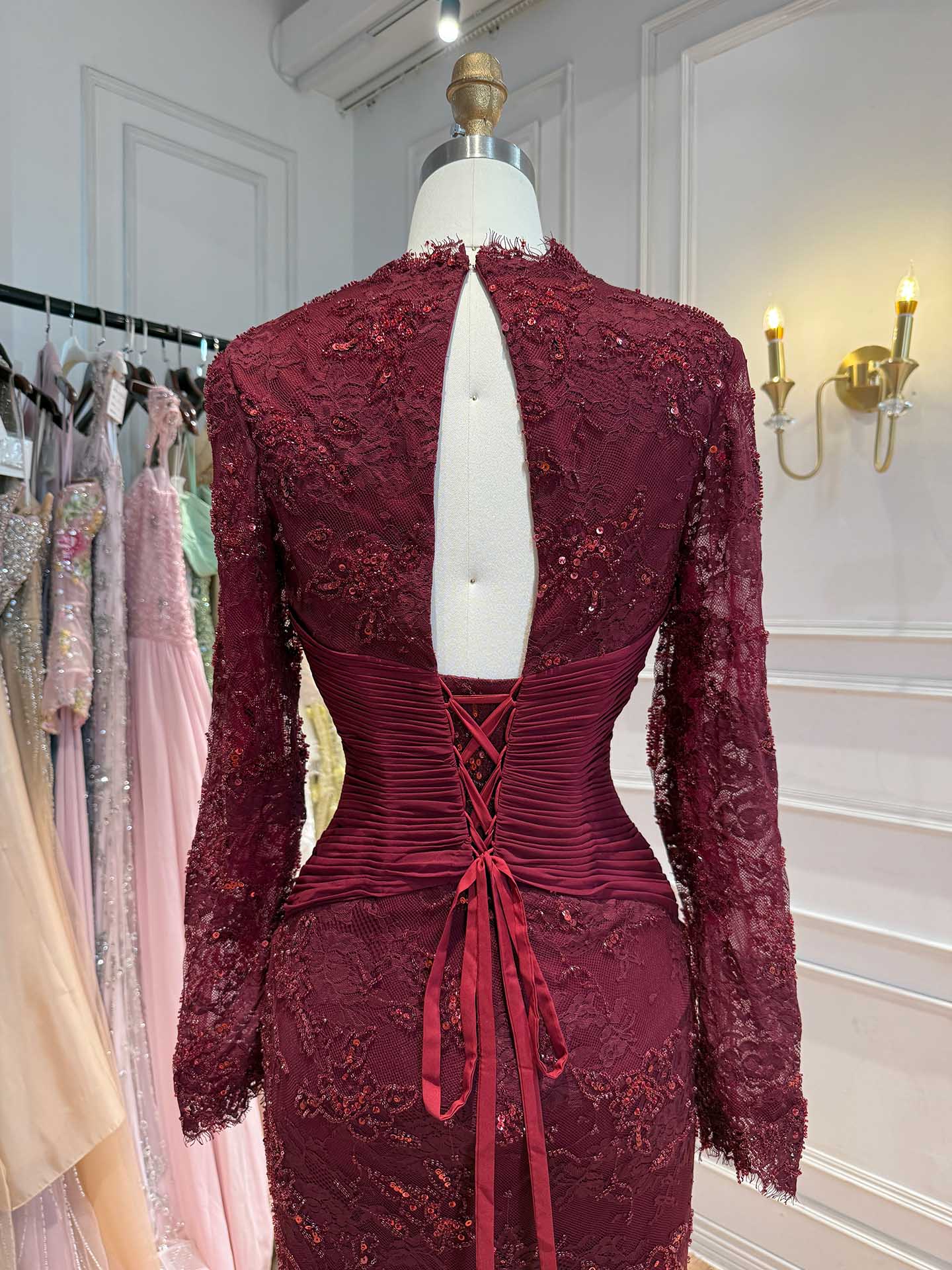 Luxury Wine Red Lace Mermaid Long Sleeve Evening Dress LA73720 SERENE HILL