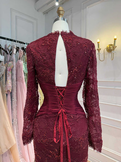 Luxury Wine Red Lace Mermaid Long Sleeve Evening Dress LA73720 SERENE HILL