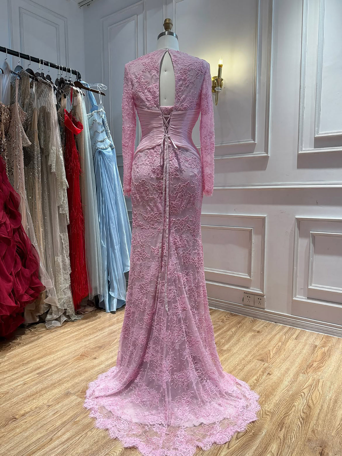 Luxury Wine Red Lace Mermaid Long Sleeve Evening Dress LA73720