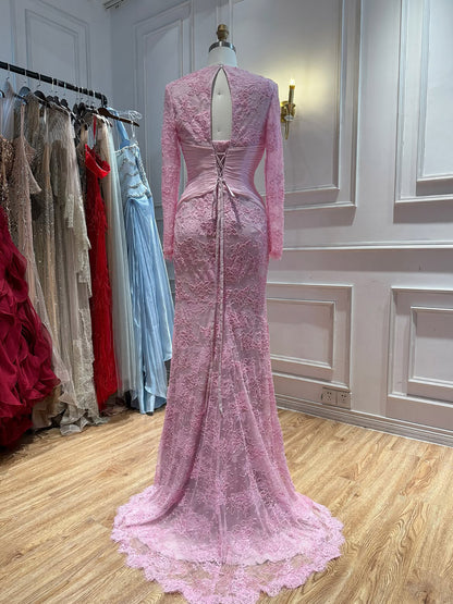 Luxury Wine Red Lace Mermaid Long Sleeve Evening Dress LA73720