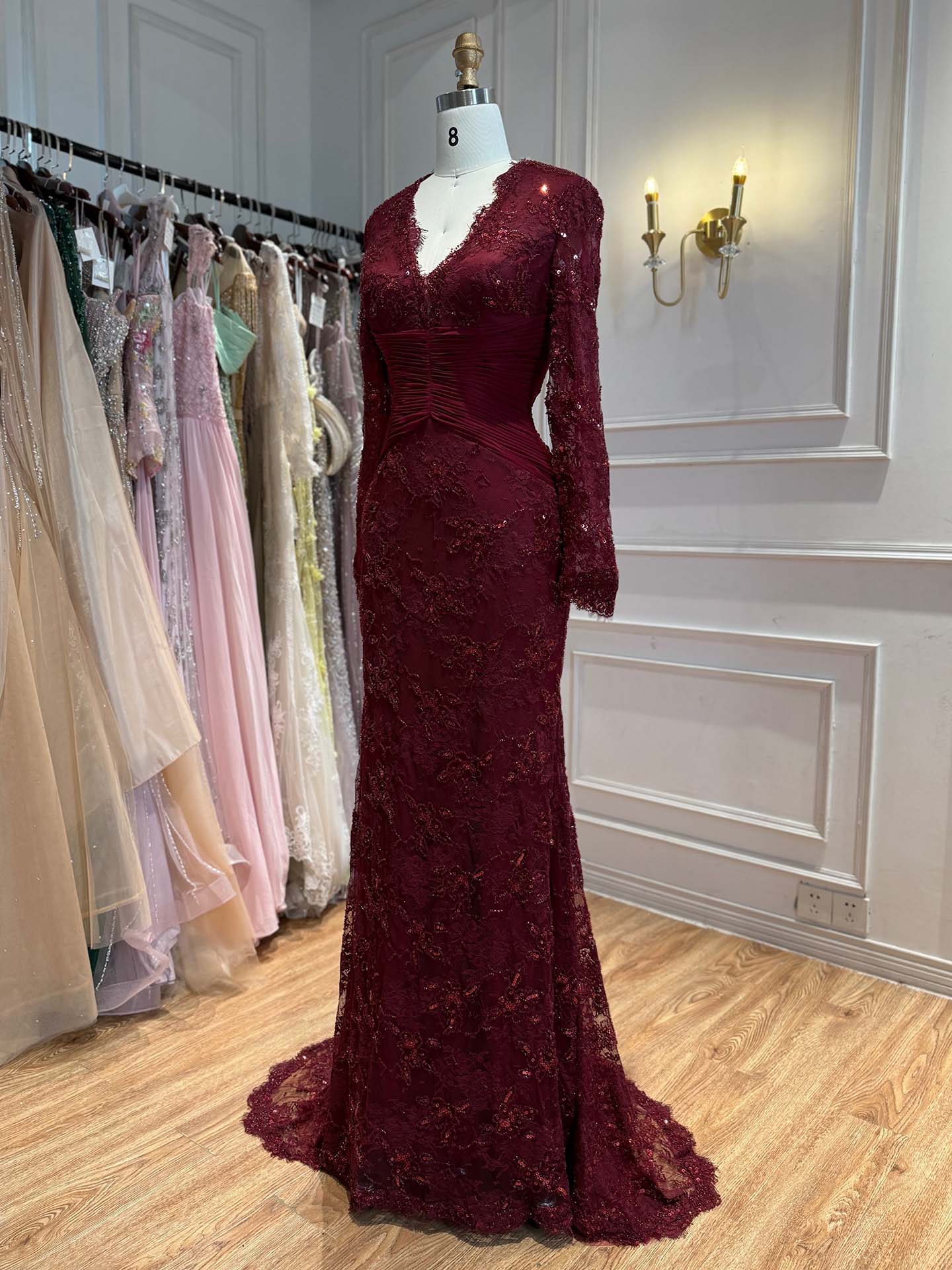 Luxury Wine Red Lace Mermaid Long Sleeve Evening Dress LA73720 SERENE HILL