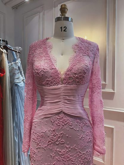 Luxury Wine Red Lace Mermaid Long Sleeve Evening Dress LA73720