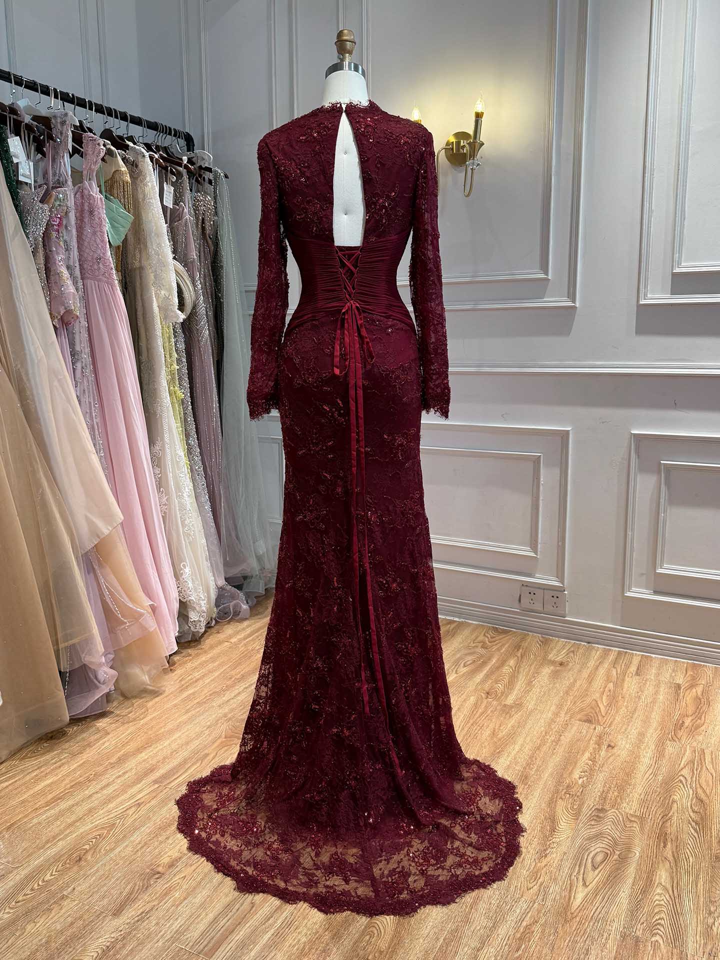 Luxury Wine Red Lace Mermaid Long Sleeve Evening Dress LA73720 SERENE HILL