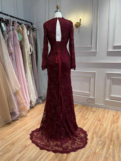 Luxury Wine Red Lace Mermaid Long Sleeve Evening Dress LA73720 SERENE HILL