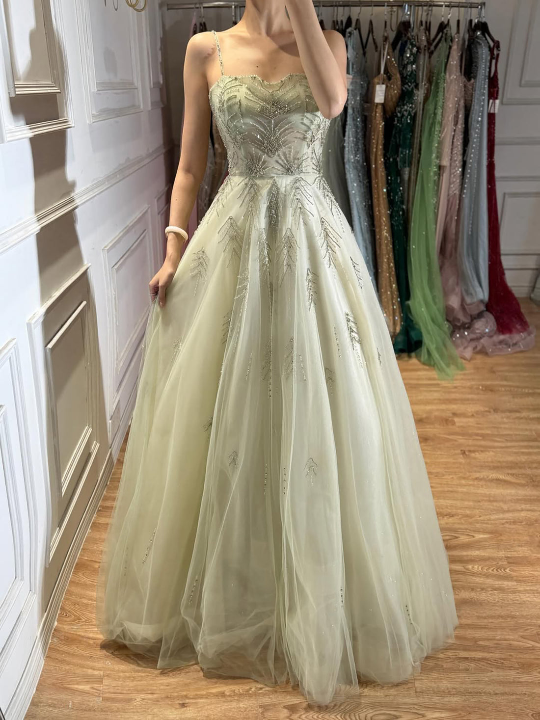 Luxury Sage Green Spaghetti Strap Beaded A-Line Evening Dress LA73721 SERENE HILL