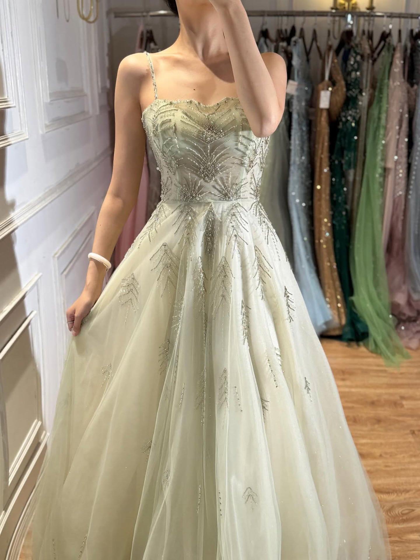Luxury Sage Green Spaghetti Strap Beaded A-Line Evening Dress LA73721