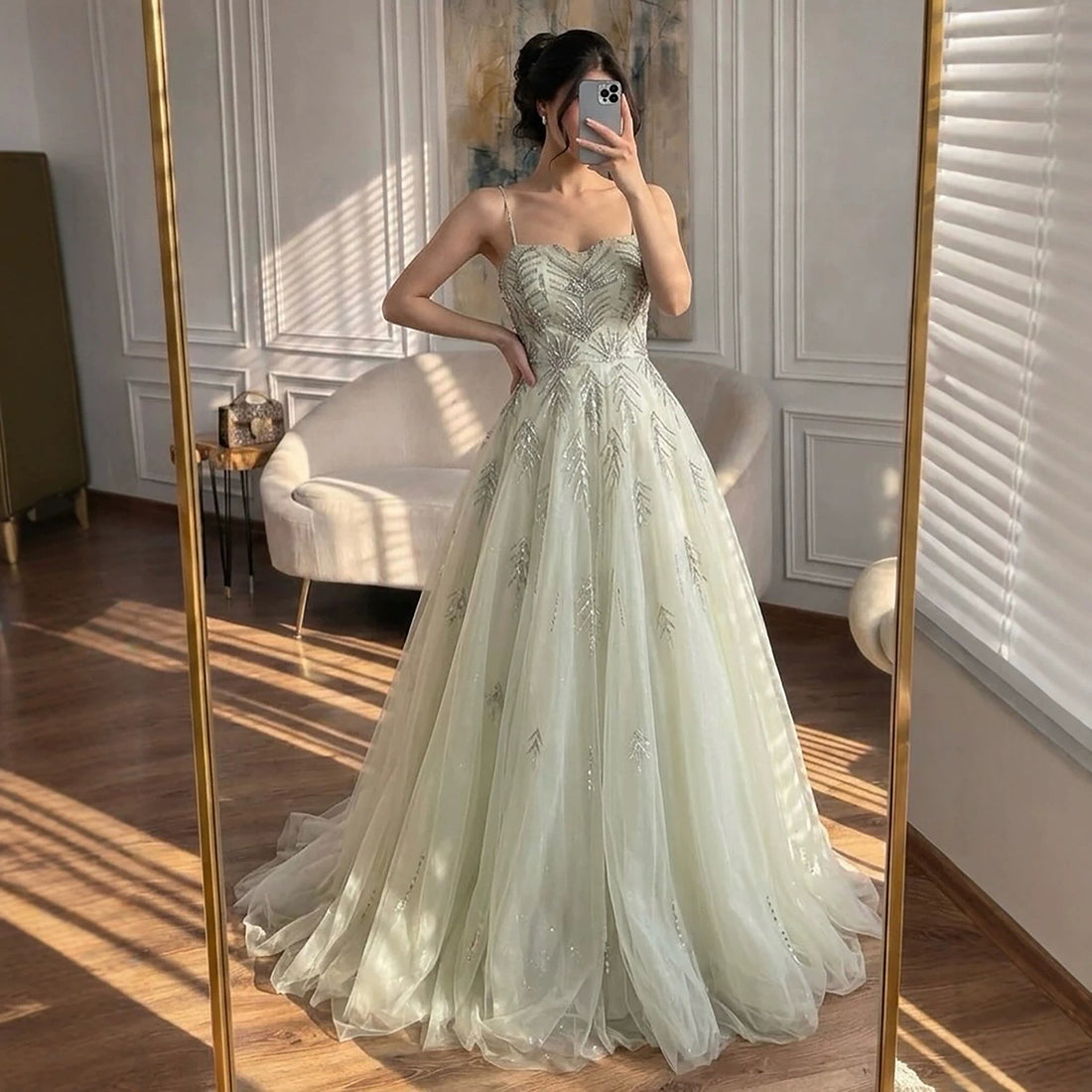 Luxury Sage Green Spaghetti Strap Beaded A-Line Evening Dress LA73721 SERENE HILL