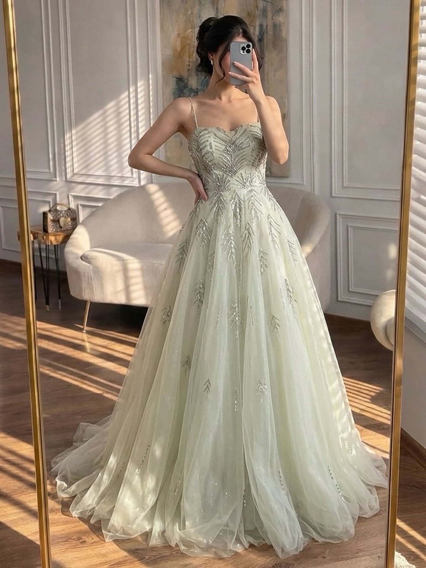 Luxury Sage Green Spaghetti Strap Beaded A-Line Evening Dress LA73721