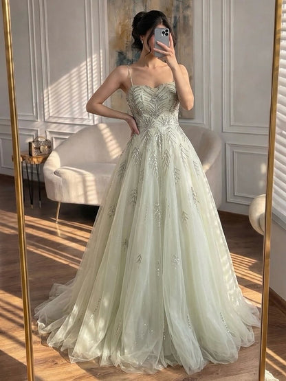 Luxury Sage Green Spaghetti Strap Beaded A-Line Evening Dress LA73721 SERENE HILL