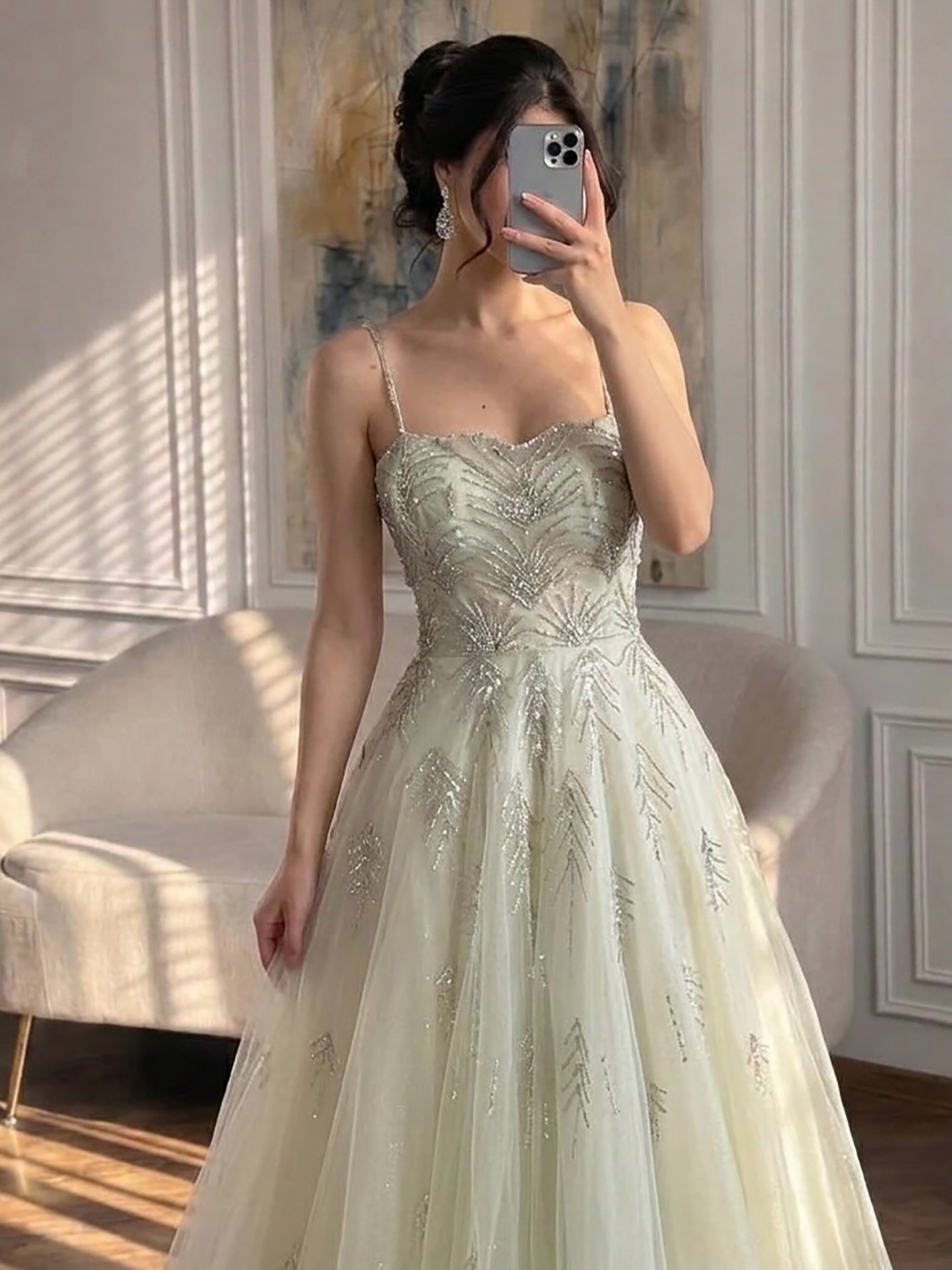 Luxury Sage Green Spaghetti Strap Beaded A-Line Evening Dress LA73721