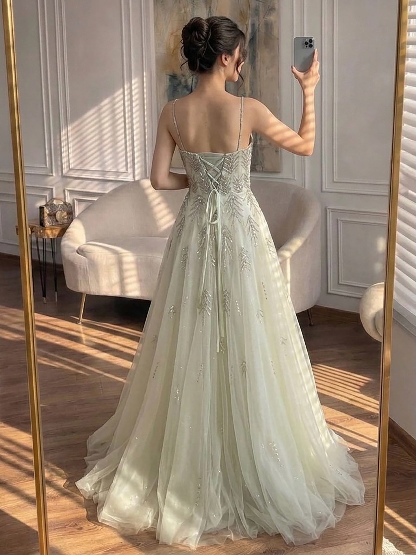Luxury Sage Green Spaghetti Strap Beaded A-Line Evening Dress LA73721 SERENE HILL