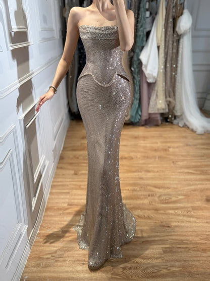 Luxury Champagne Strapless Peplum Lace Up Shimmering Mermaid Dress LA73725 SERENE HILL