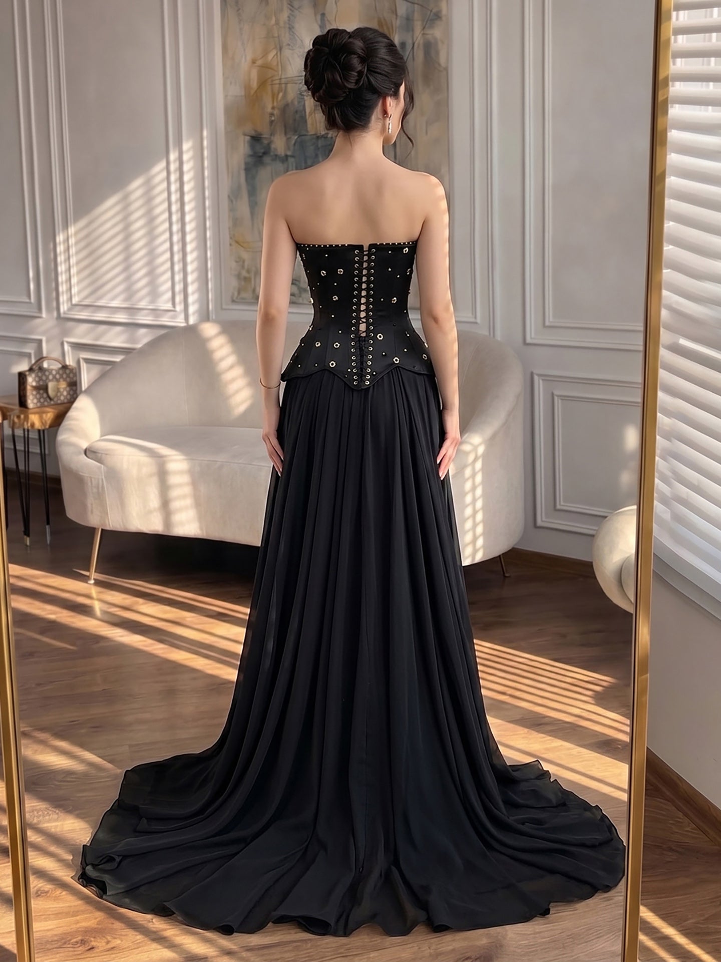 Luxury Black Chiffon Floral Beaded Strapless A Line Gown LA73728 SERENE HILL