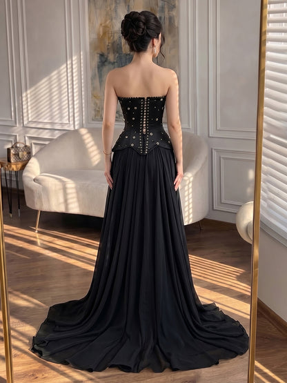 Luxury Black Chiffon Floral Beaded Strapless A Line Gown LA73728 SERENE HILL