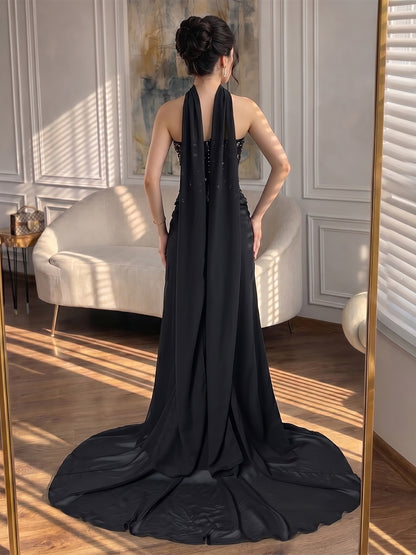 Luxury Black Chiffon Beaded Strapless A Line Evening Dress LA73728A SERENE HILL