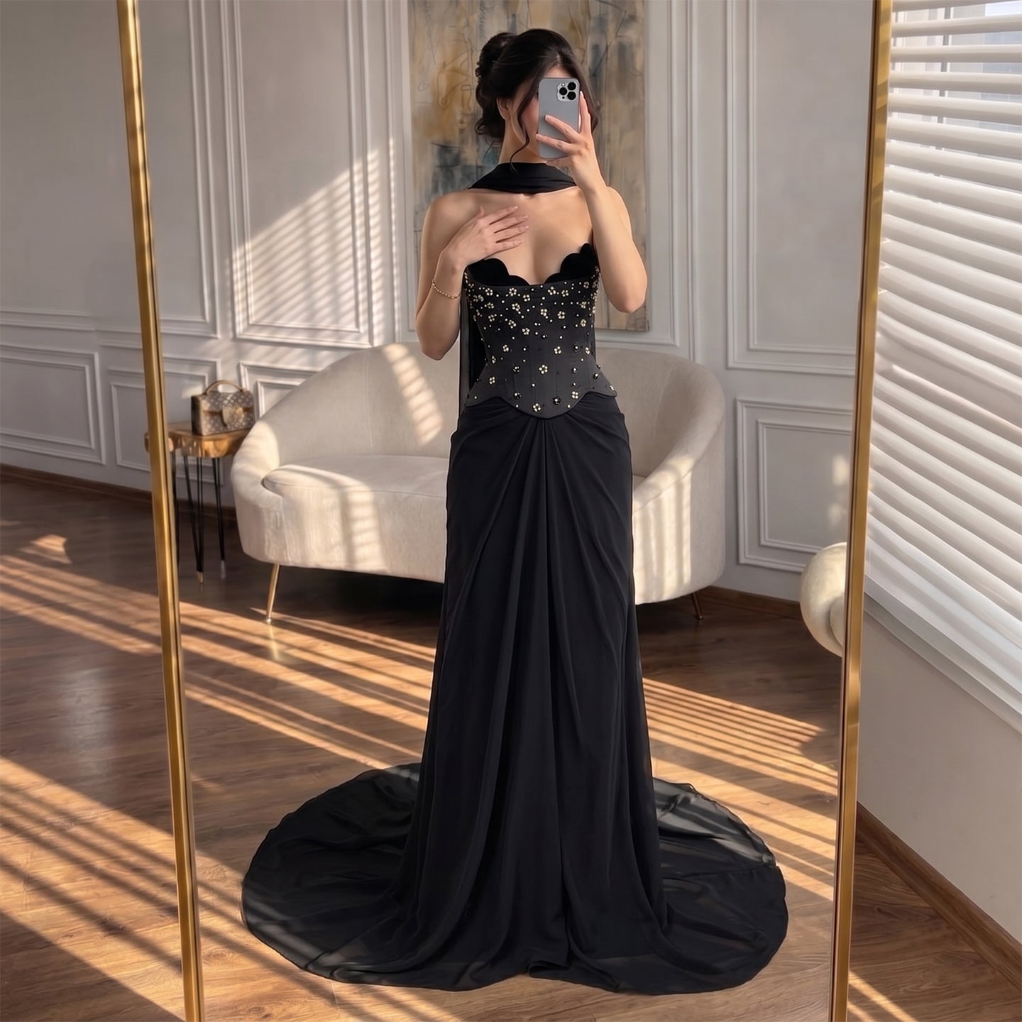 Luxury Black Chiffon Beaded Strapless A Line Evening Dress LA73728A