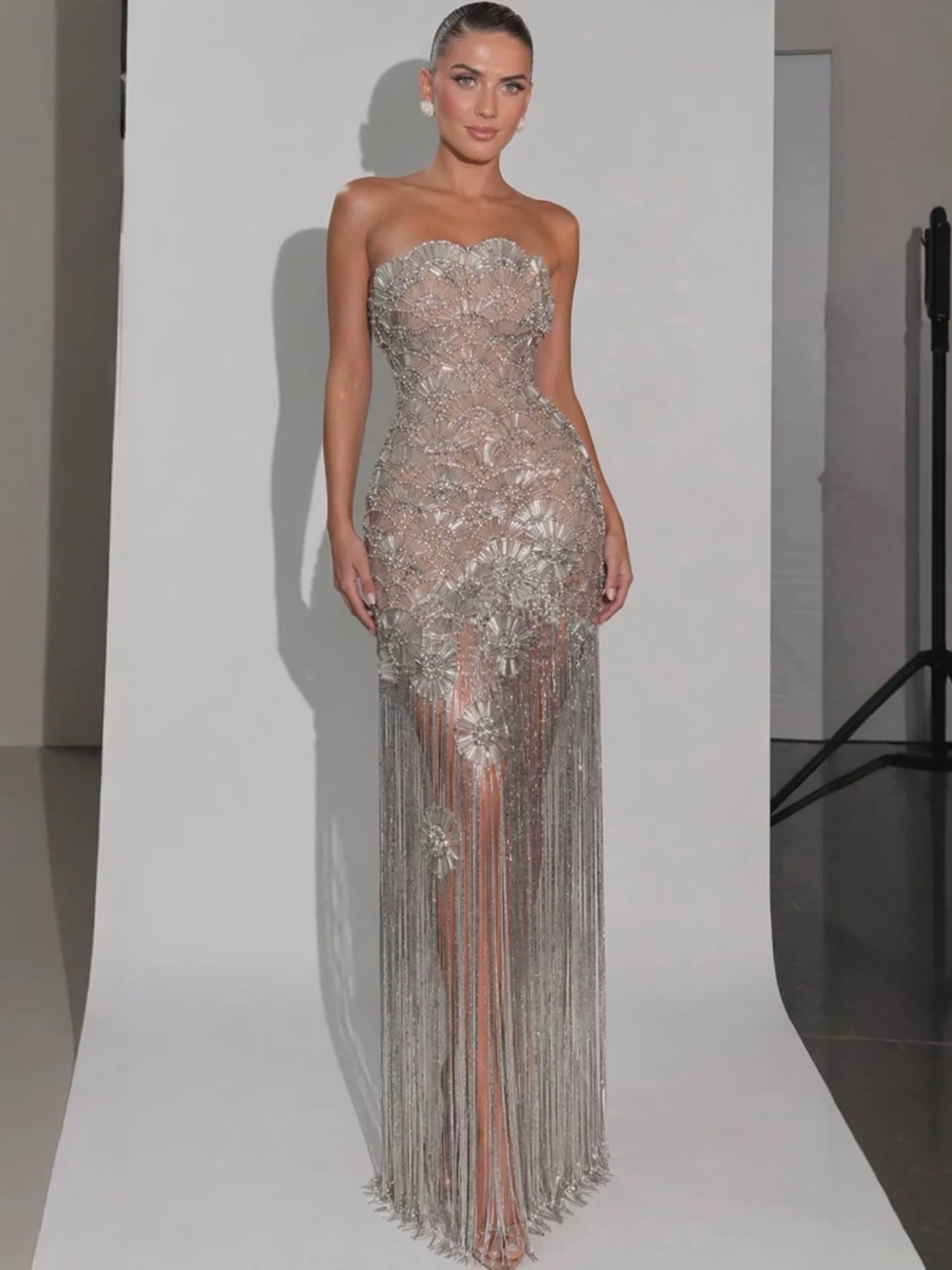 Luxury Silver Strapless Scalloped Beaded Asymmetric Tassel Dress LA73733A SERENE HILL
