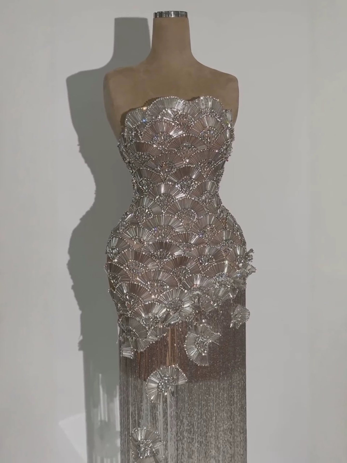 Luxury Silver Strapless Scalloped Beaded Asymmetric Tassel Dress LA73733A SERENE HILL