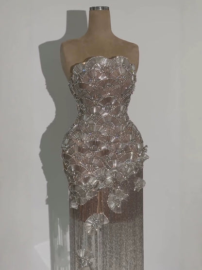 Luxury Silver Strapless Scalloped Beaded Asymmetric Tassel Dress LA73733A SERENE HILL