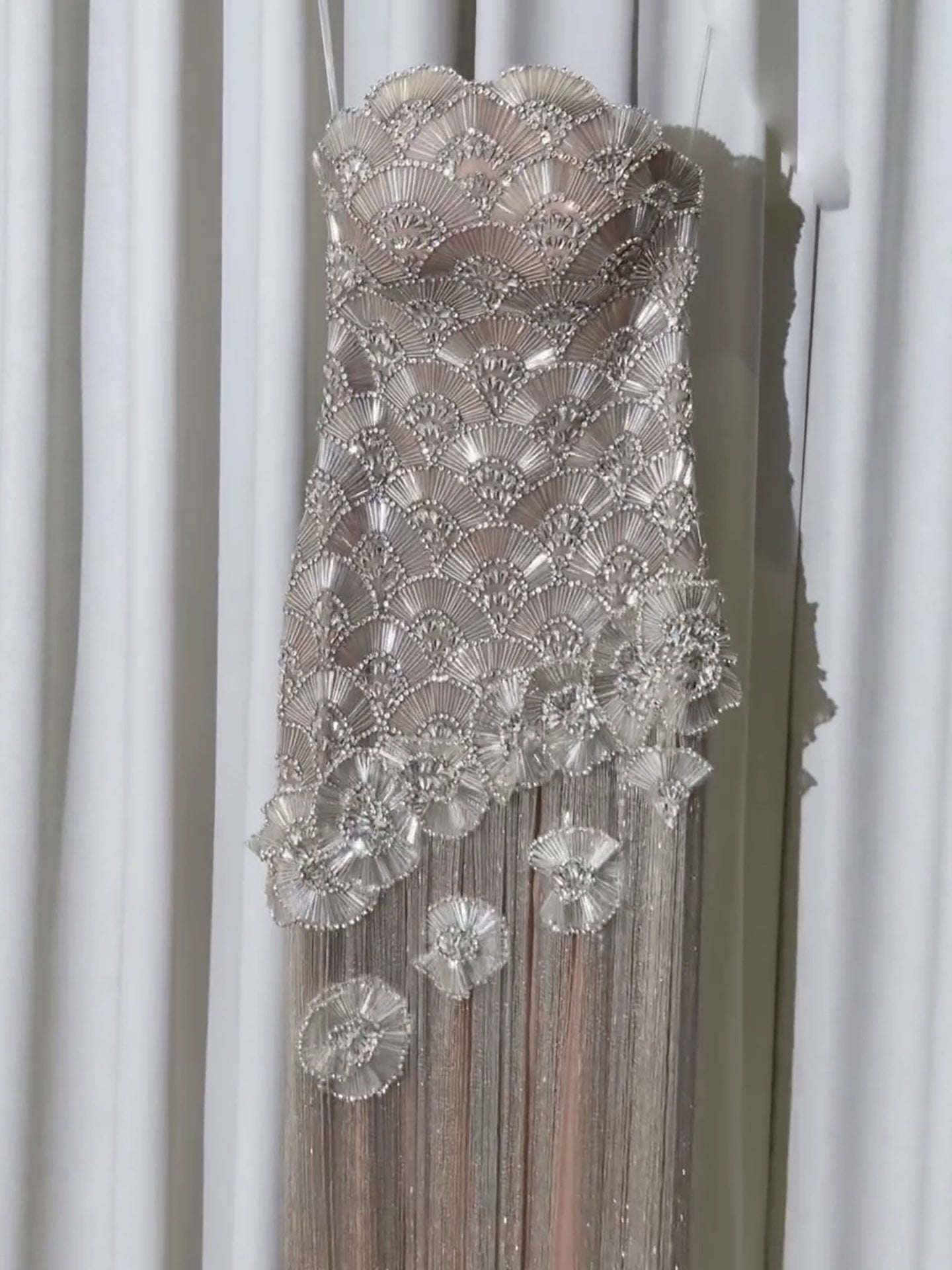 Luxury Silver Strapless Scalloped Beaded Asymmetric Tassel Dress LA73733A SERENE HILL
