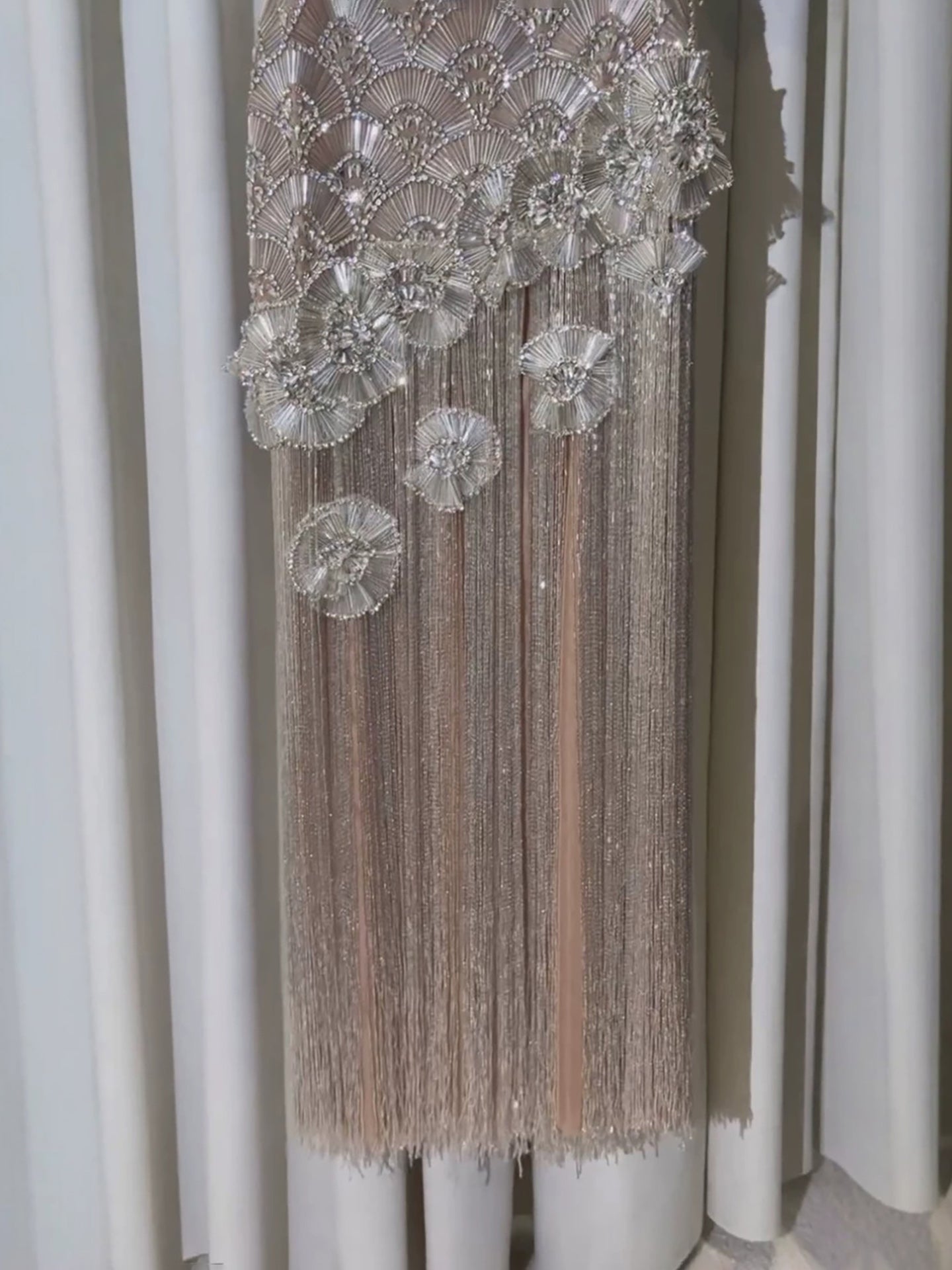 Luxury Silver Strapless Scalloped Beaded Asymmetric Tassel Dress LA73733A SERENE HILL