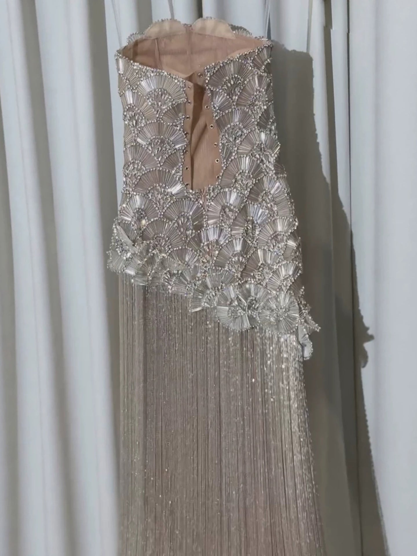 Luxury Silver Strapless Scalloped Beaded Asymmetric Tassel Dress LA73733A SERENE HILL