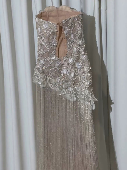 Luxury Silver Strapless Scalloped Beaded Asymmetric Tassel Dress LA73733A SERENE HILL