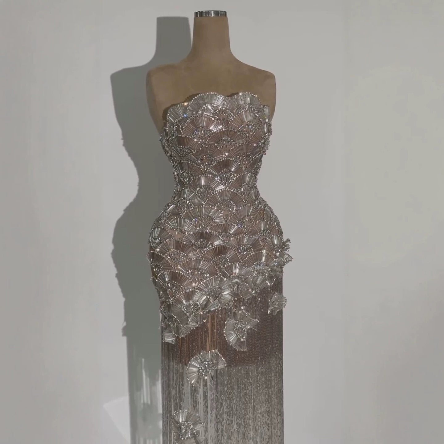 Luxury Silver Strapless Scalloped Beaded Asymmetric Tassel Dress LA73733A SERENE HILL