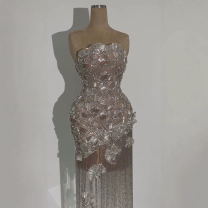 Luxury Silver Strapless Scalloped Beaded Asymmetric Tassel Dress LA73733A SERENE HILL