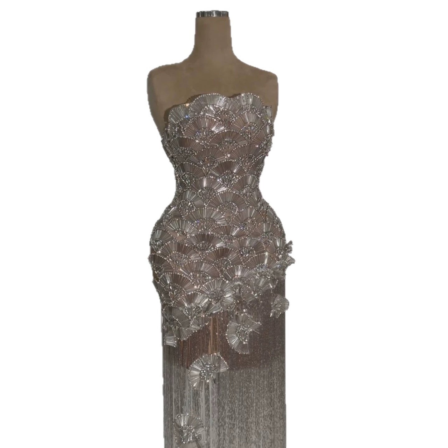 Luxury Silver Strapless Scalloped Beaded Asymmetric Tassel Dress LA73733A SERENE HILL