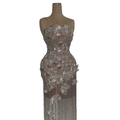 Luxury Silver Strapless Scalloped Beaded Asymmetric Tassel Dress LA73733A SERENE HILL