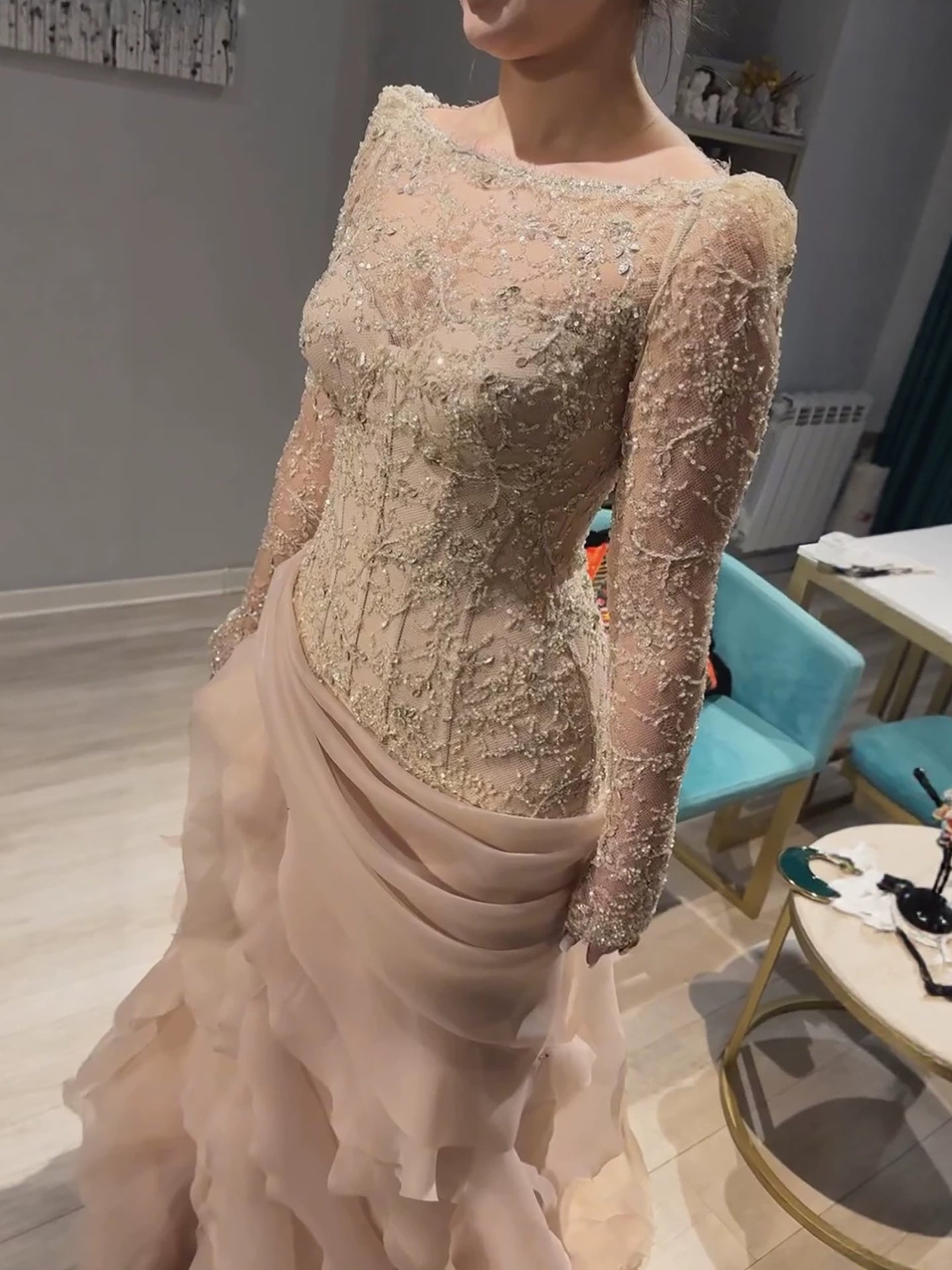 Luxury Nude Beaded Mermaid Dress with Ruffles LA73736 SERENE HILL