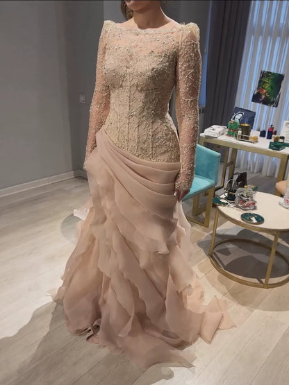 Luxury Nude Beaded Mermaid Dress with Ruffles LA73736 SERENE HILL