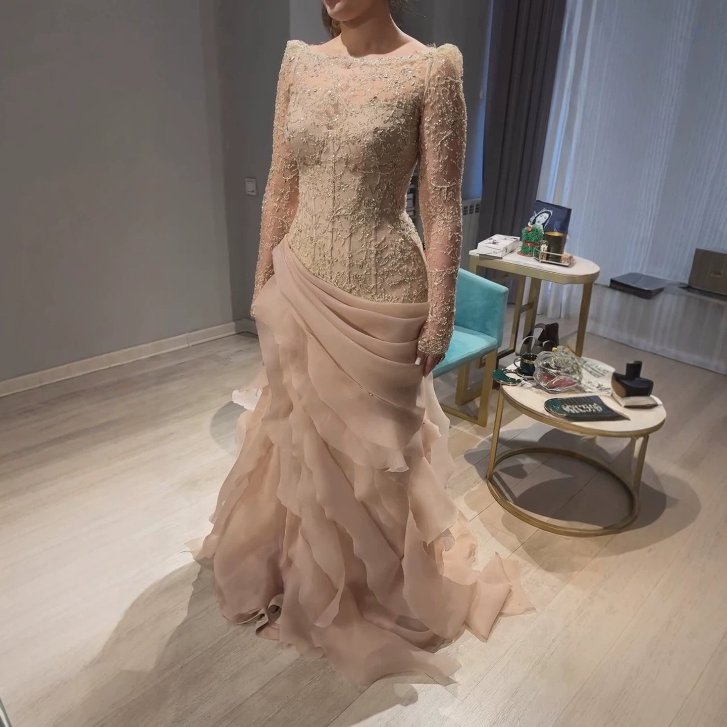 Luxury Nude Beaded Mermaid Dress with Ruffles LA73736 SERENE HILL
