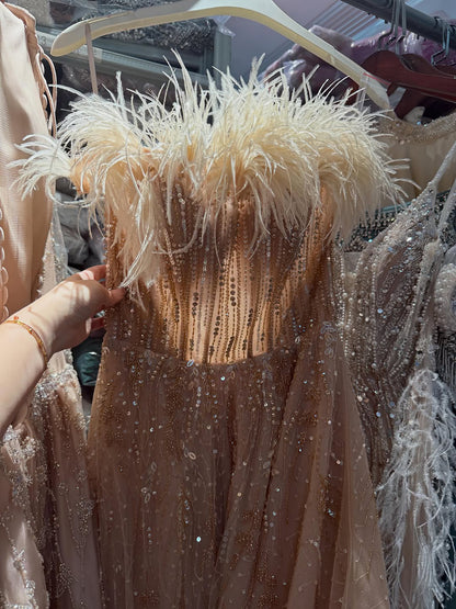 Luxury caramel Feather Beaded Off Shoulder A Line Dress LA73737 SERENE HILL