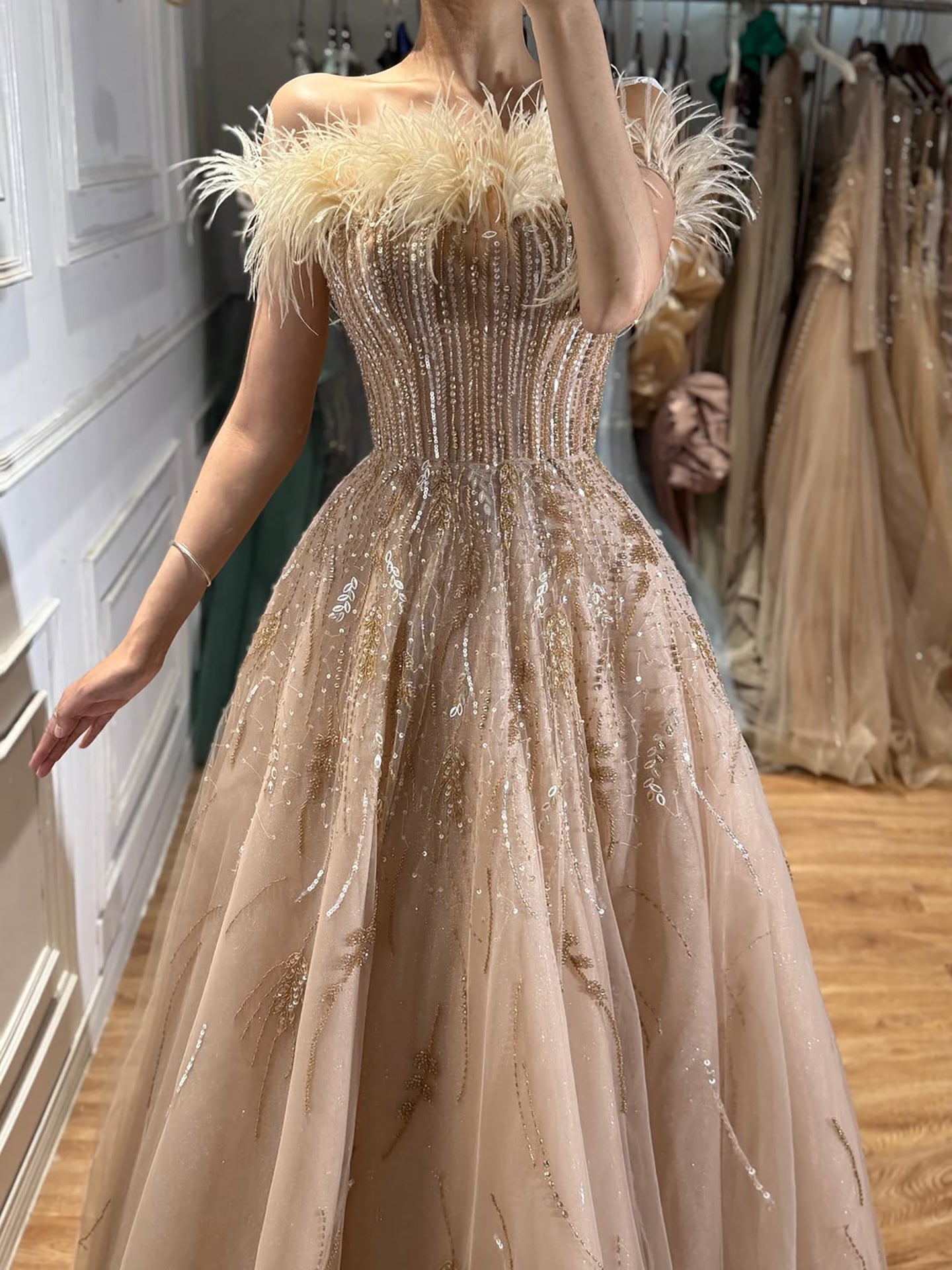 Luxury caramel Feather Beaded Off Shoulder A Line Dress LA73737 SERENE HILL