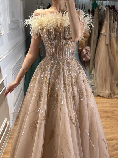 Luxury caramel Feather Beaded Off Shoulder A Line Dress LA73737 SERENE HILL