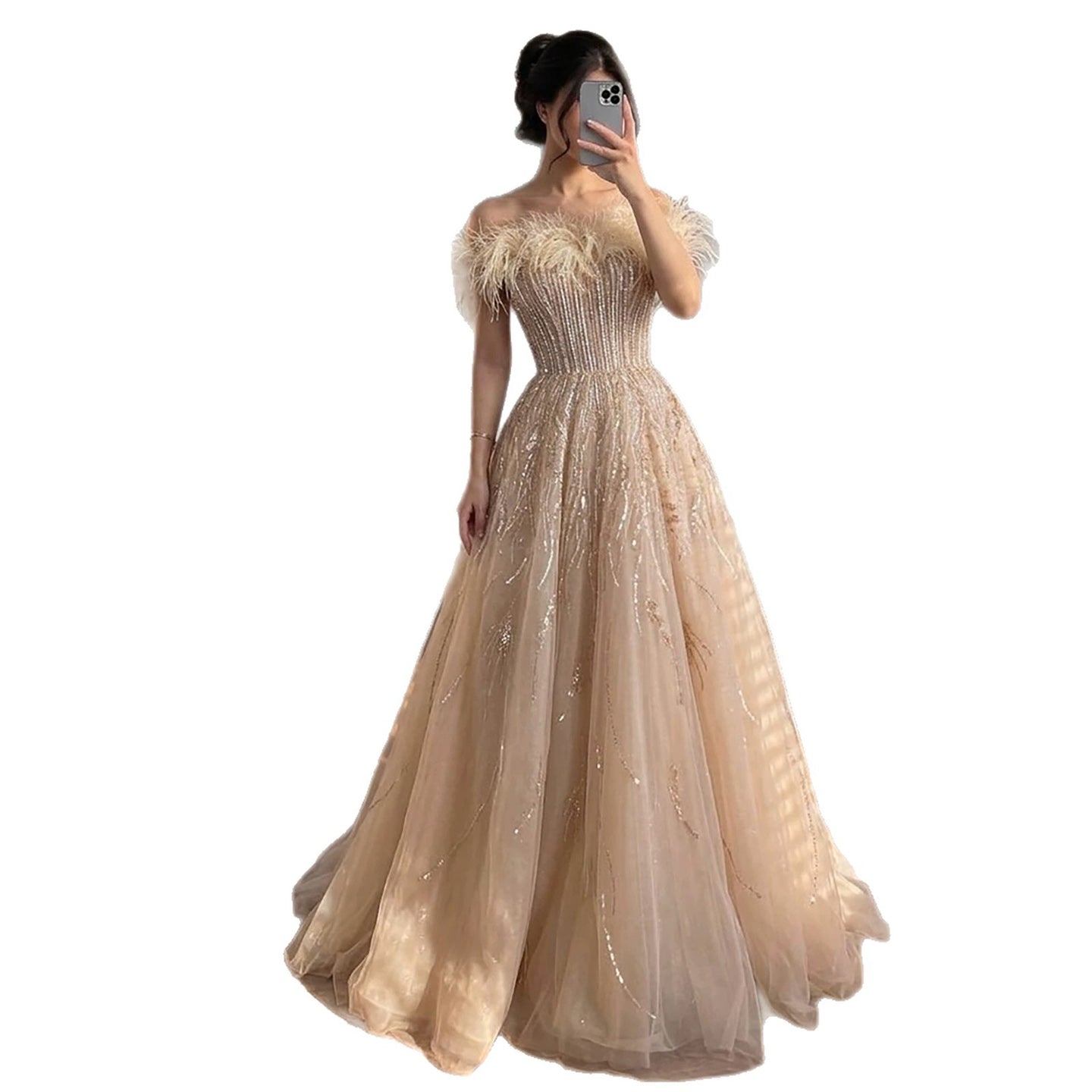 Luxury caramel Feather Beaded Off Shoulder A Line Dress LA73737 SERENE HILL