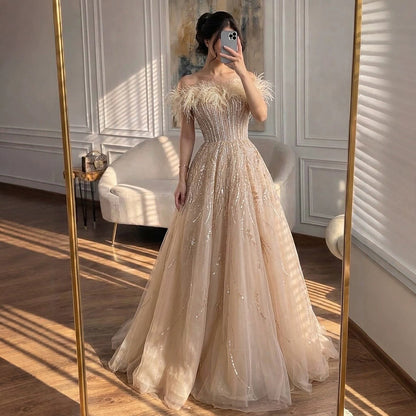 Luxury caramel Feather Beaded Off Shoulder A Line Dress LA73737 SERENE HILL
