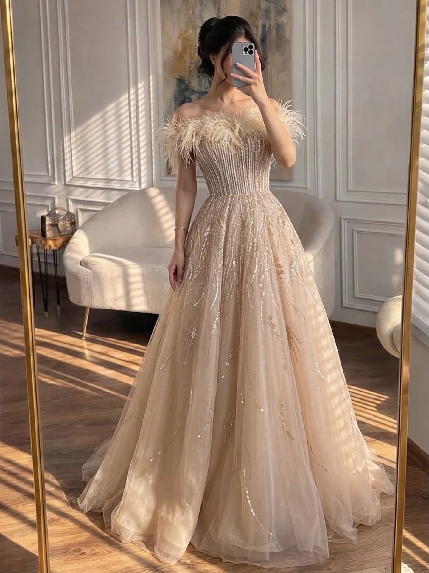 Luxury caramel Feather Beaded Off Shoulder A Line Dress LA73737 SERENE HILL