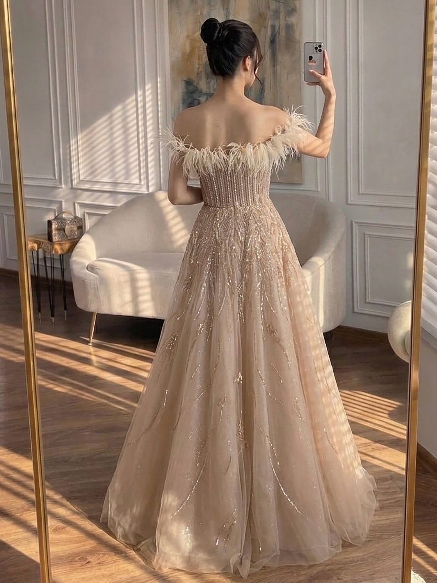 Luxury caramel Feather Beaded Off Shoulder A Line Dress LA73737 SERENE HILL