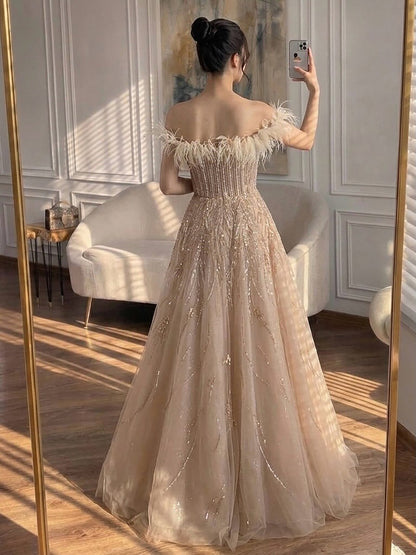 Luxury caramel Feather Beaded Off Shoulder A Line Dress LA73737 SERENE HILL