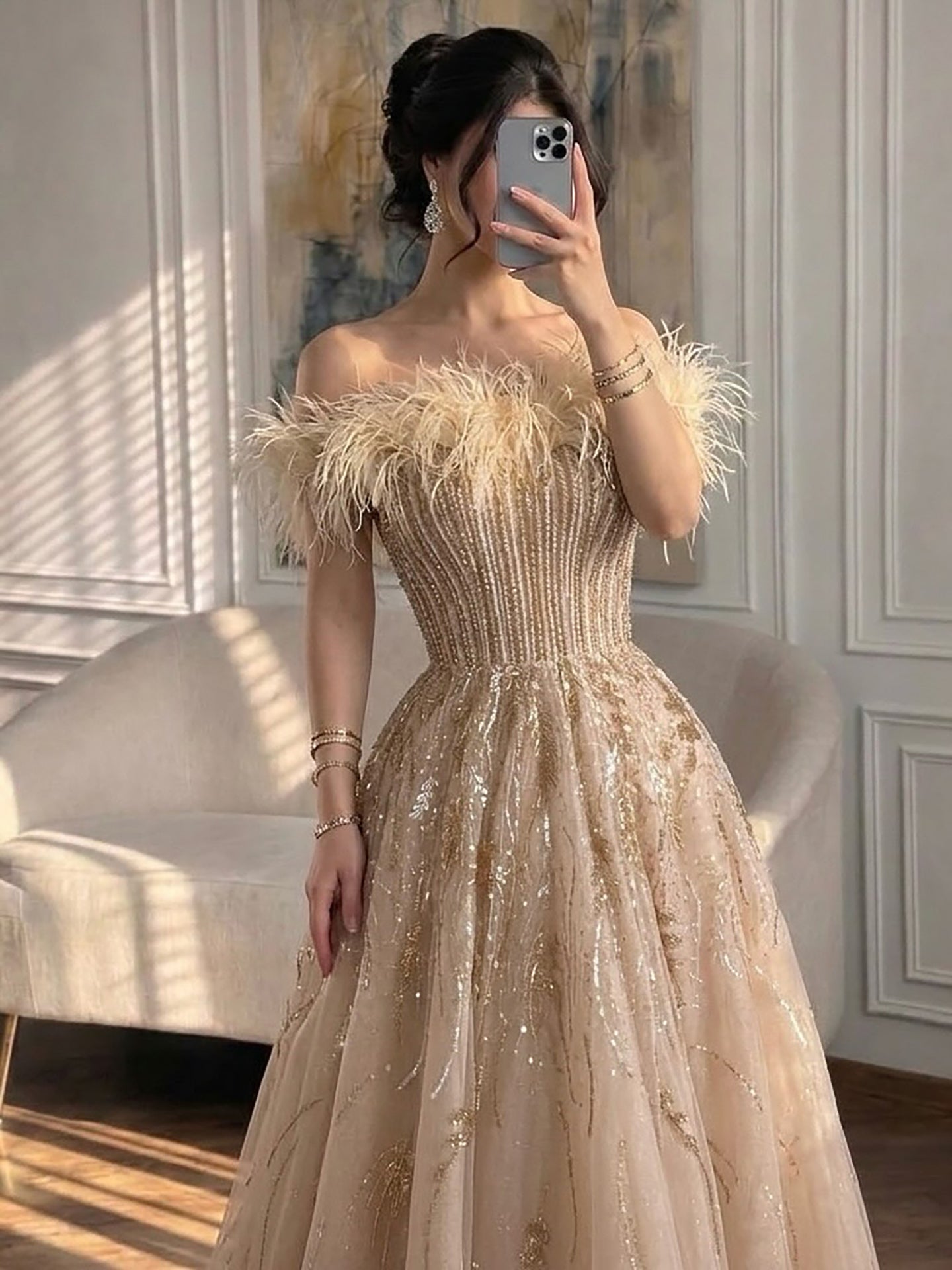 Luxury caramel Feather Beaded Off Shoulder A Line Dress LA73737 SERENE HILL