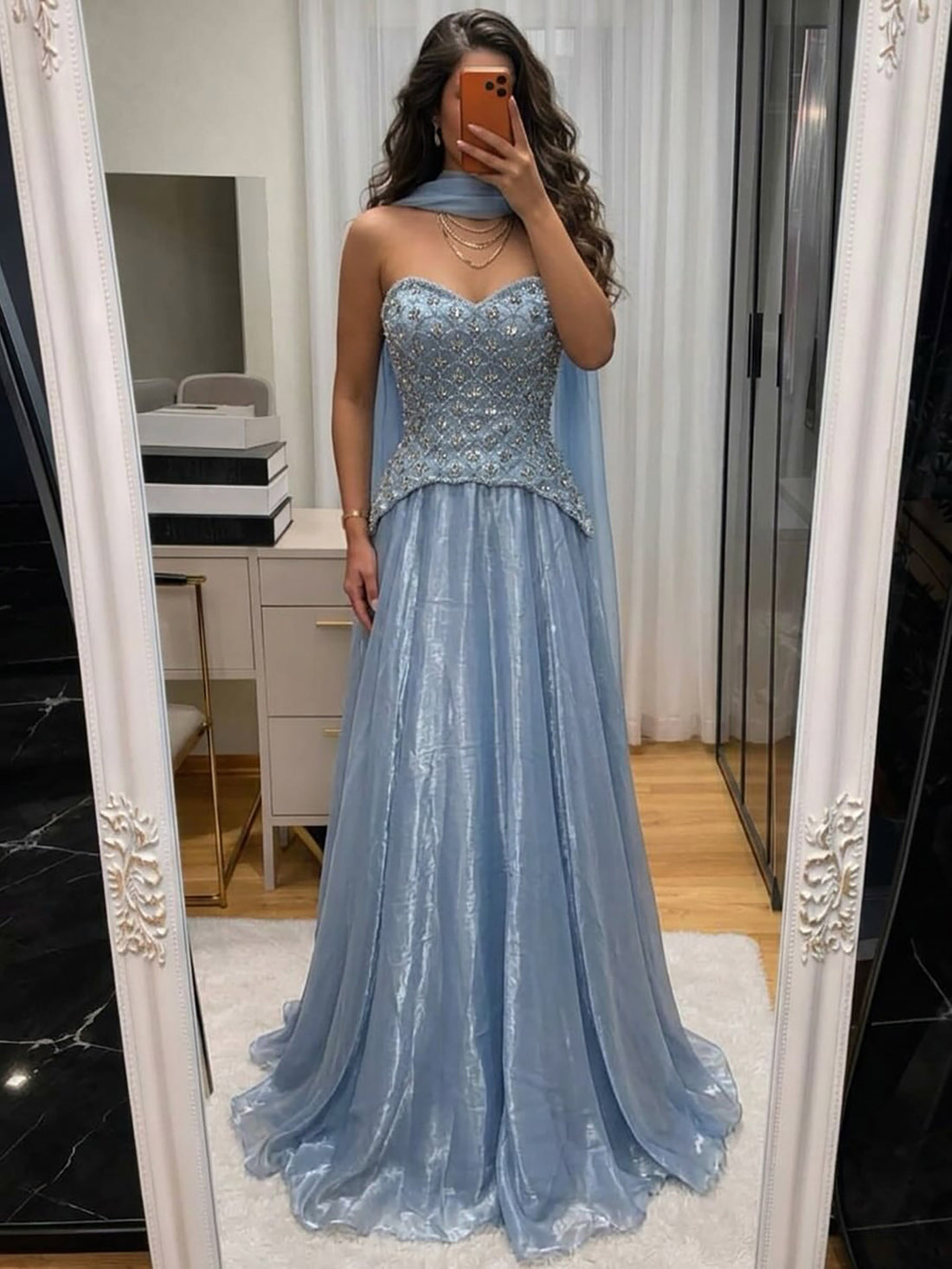 Luxury Blue Crystal Beaded A Line Dress with Shawl LA73738