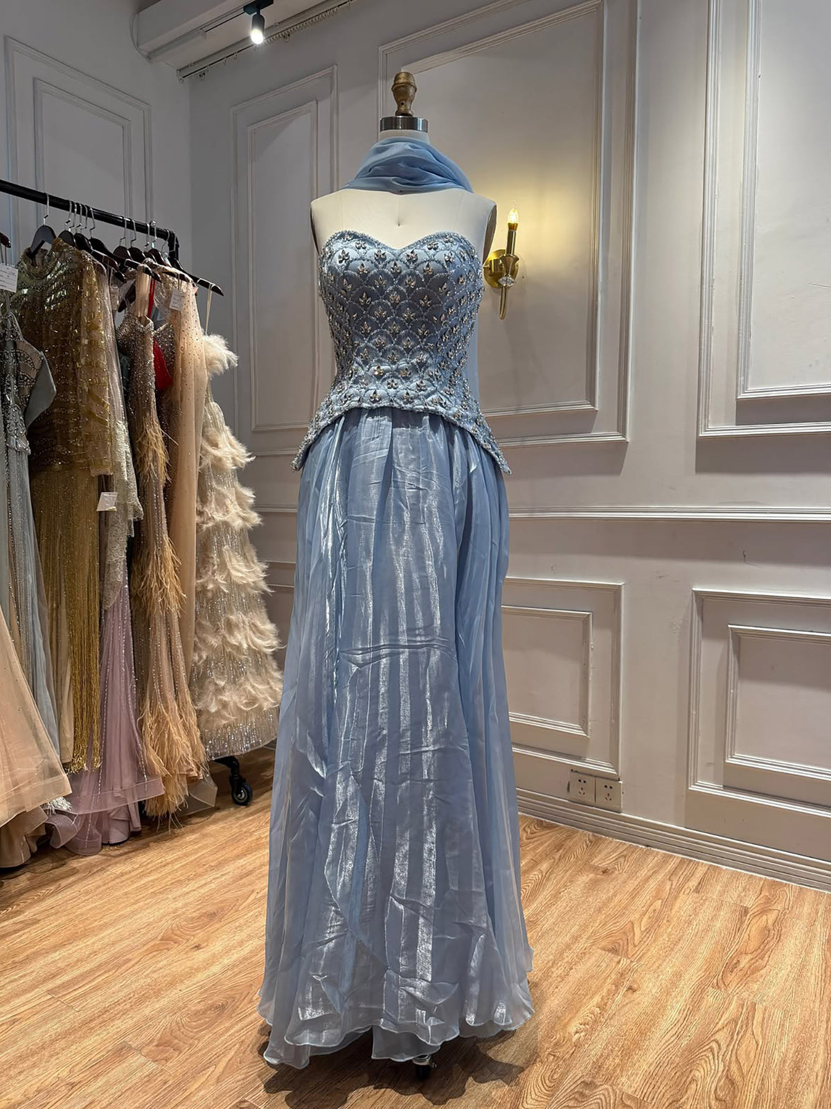 Luxury Blue Crystal Beaded A Line Dress with Shawl LA73738