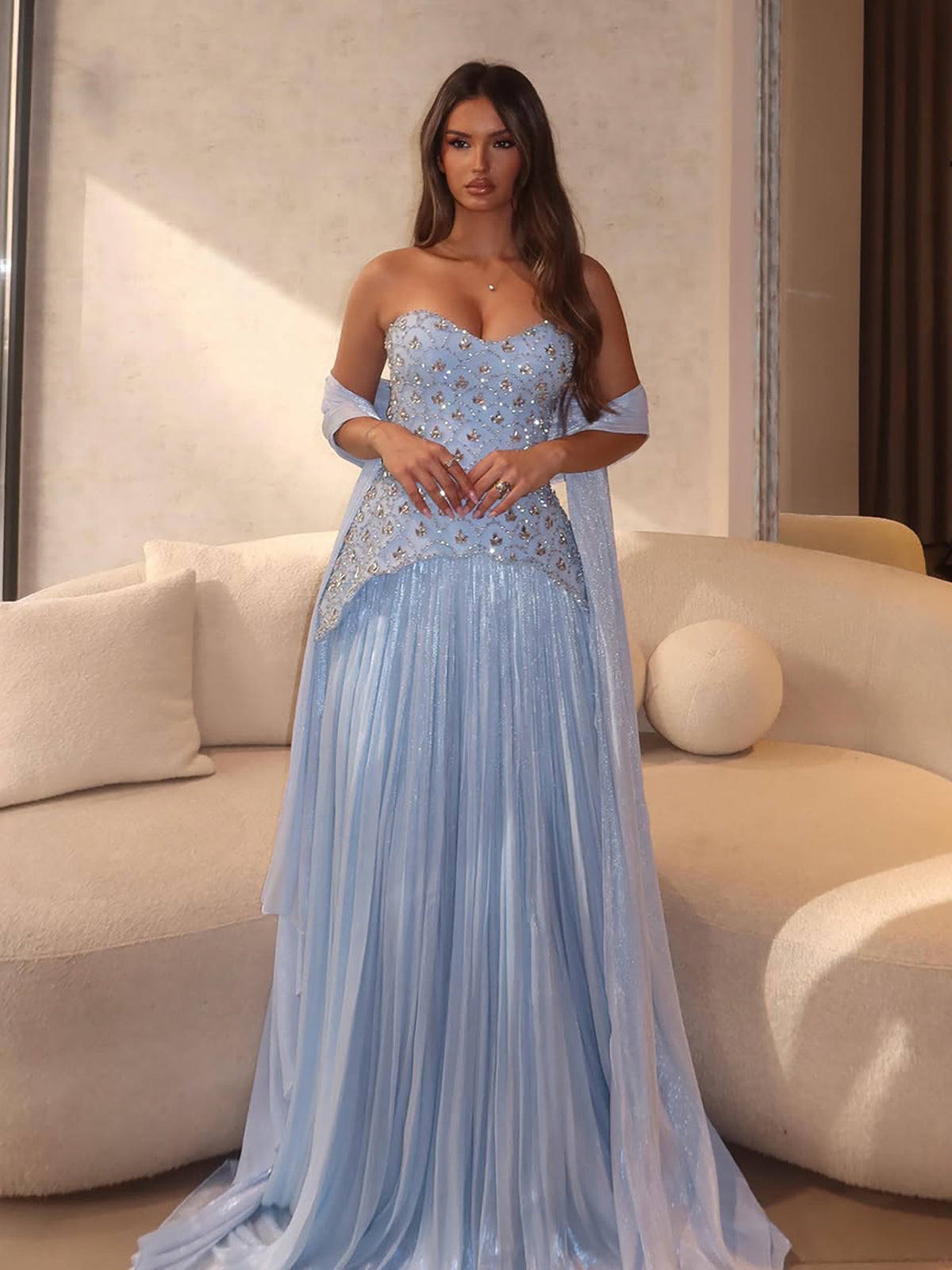 Luxury Blue Crystal Beaded A Line Dress with Shawl LA73738 Blue / 12
