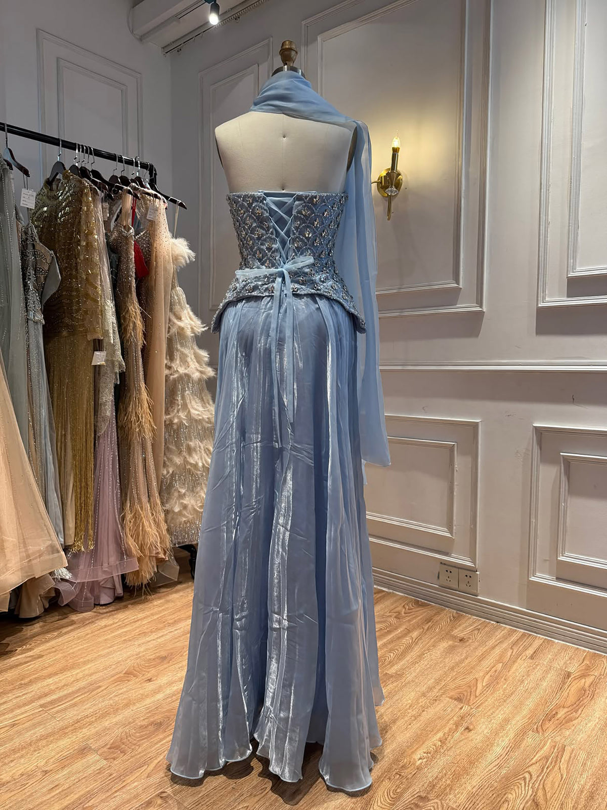 Luxury Blue Crystal Beaded A Line Dress with Shawl LA73738