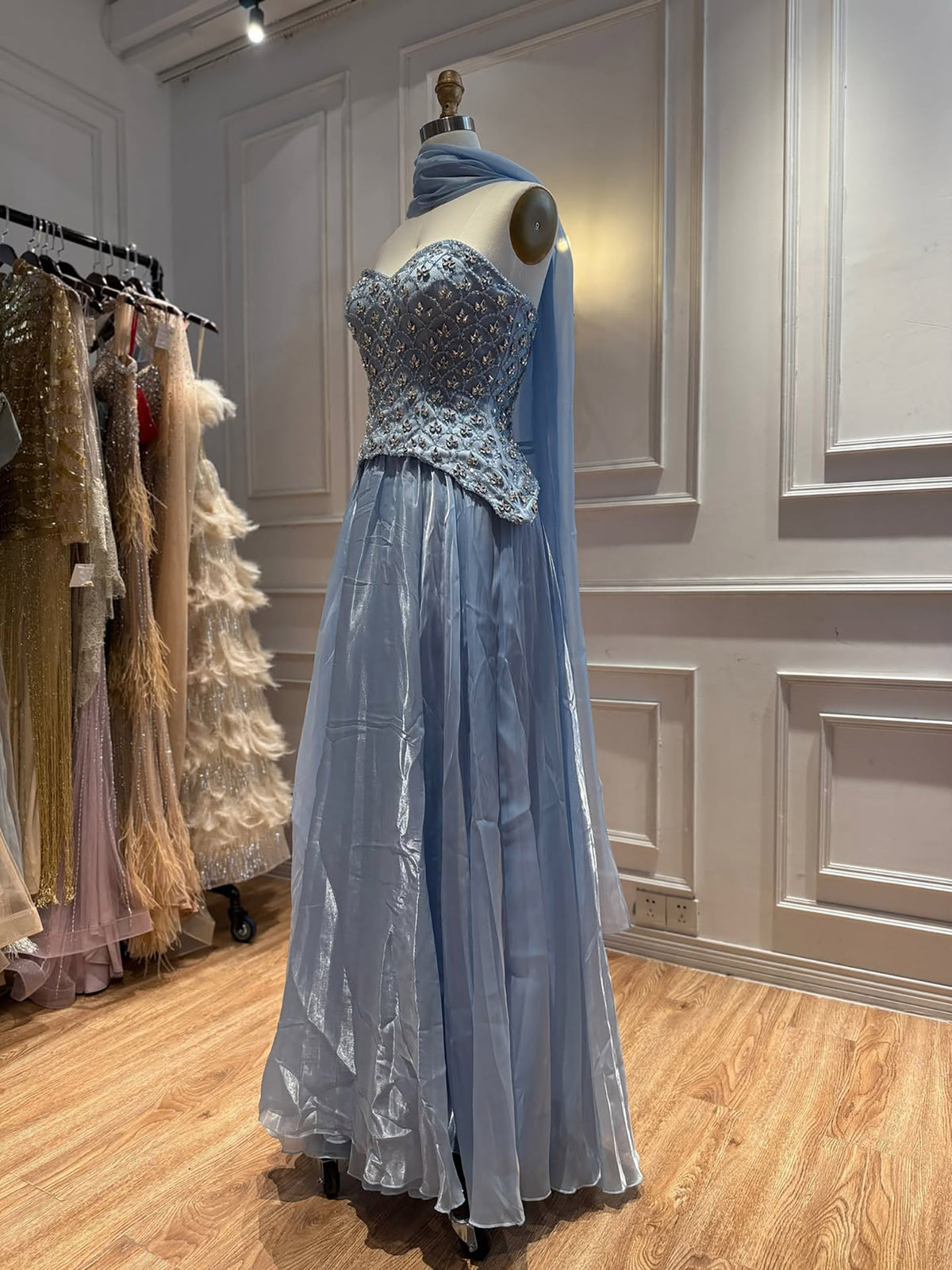 Luxury Blue Crystal Beaded A Line Dress with Shawl LA73738