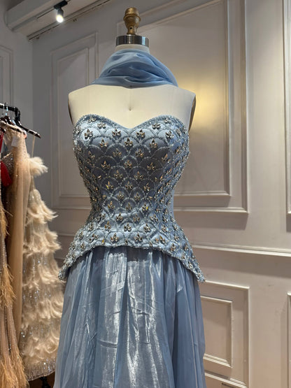 Luxury Blue Crystal Beaded A Line Dress with Shawl LA73738